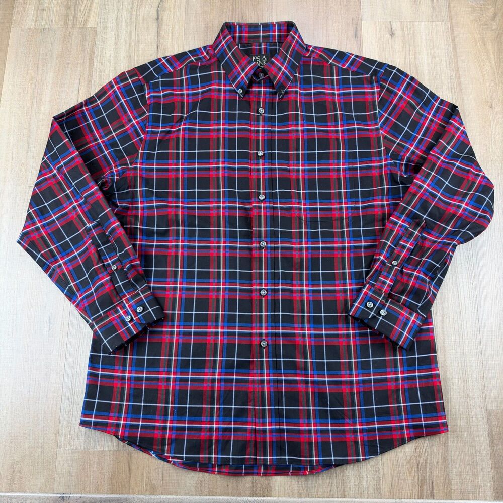 Jos. A. Bank Men's Large L Tailored Fit Red Black Plaid Long Sleeve Button Down